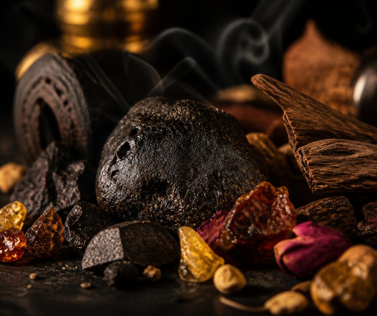 Materias primas de perfumería: resinas, oud y minerales oscuros